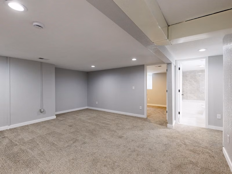 Empty basement room with neutral carpet and recessed lighting.